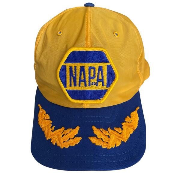 Vintage NAPA Auto Parts Hat Patch Logo Snapback Scrambled Egg Brim Yellow Blue - Picture 1 of 12